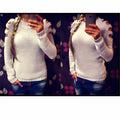 Women's grey solid colour pullover shirt with hollow-out crochet detail on long sleeves