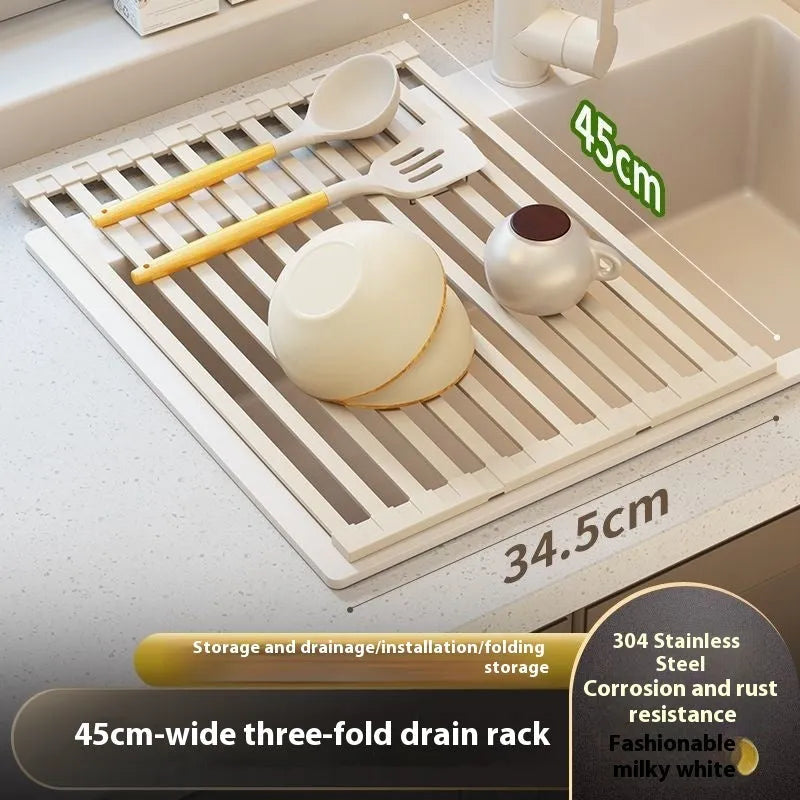 Milky white foldable stainless steel kitchen draining rack for dishes on a countertop