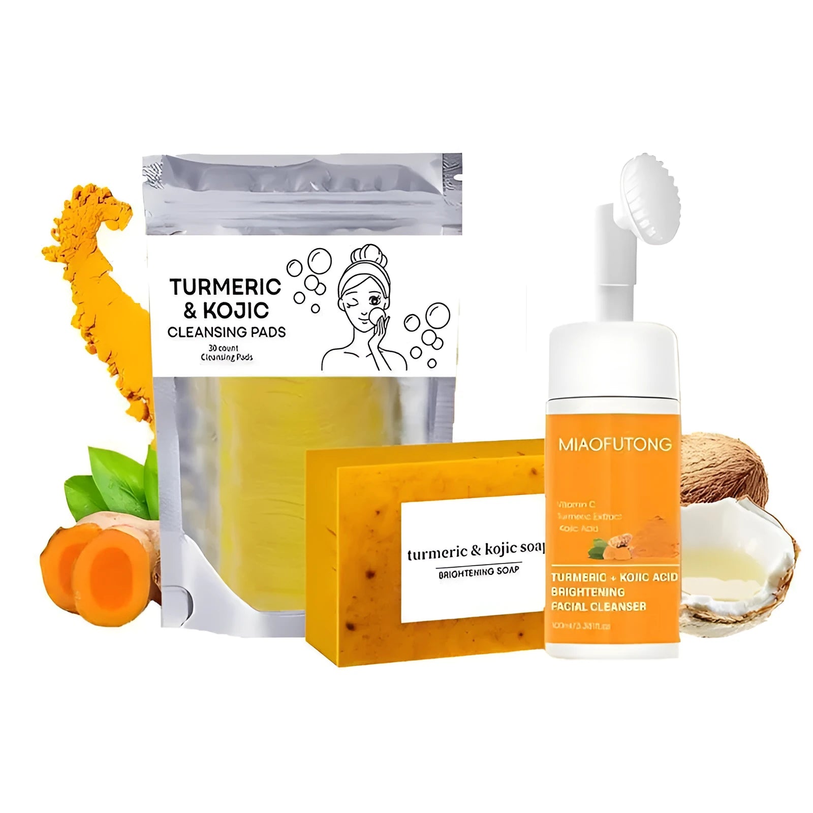 Turmeric cleansing mousse facial cleaning pad set with ginger granule soap and 30 pads
