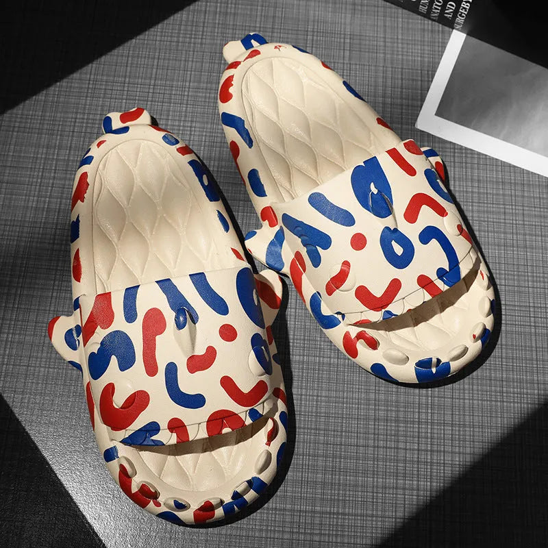 Cute shark design on light beige EVA open-toe home slippers for indoor wear.