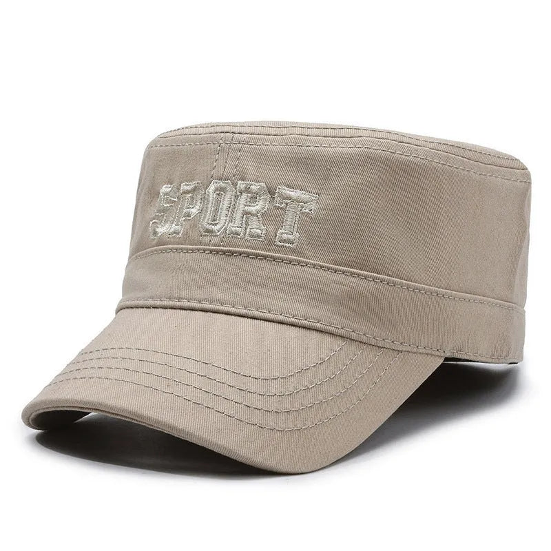 Men's adjustable cotton peaked cap in army green with dome crown and English letter detail