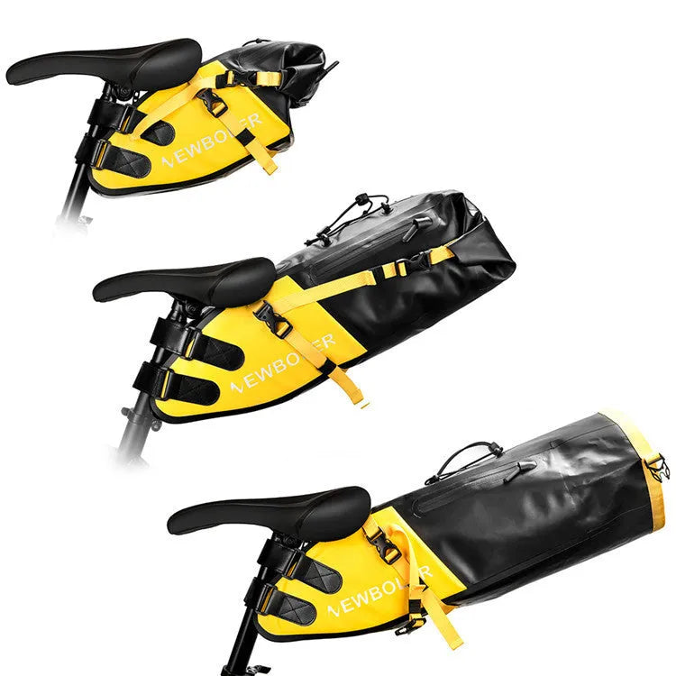 Waterproof black PVC bicycle tail bag with 13L capacity for outdoor cycling tools.