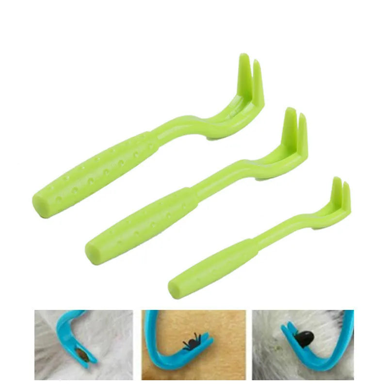 Three plastic pet tick removal hooks in blue or green colours