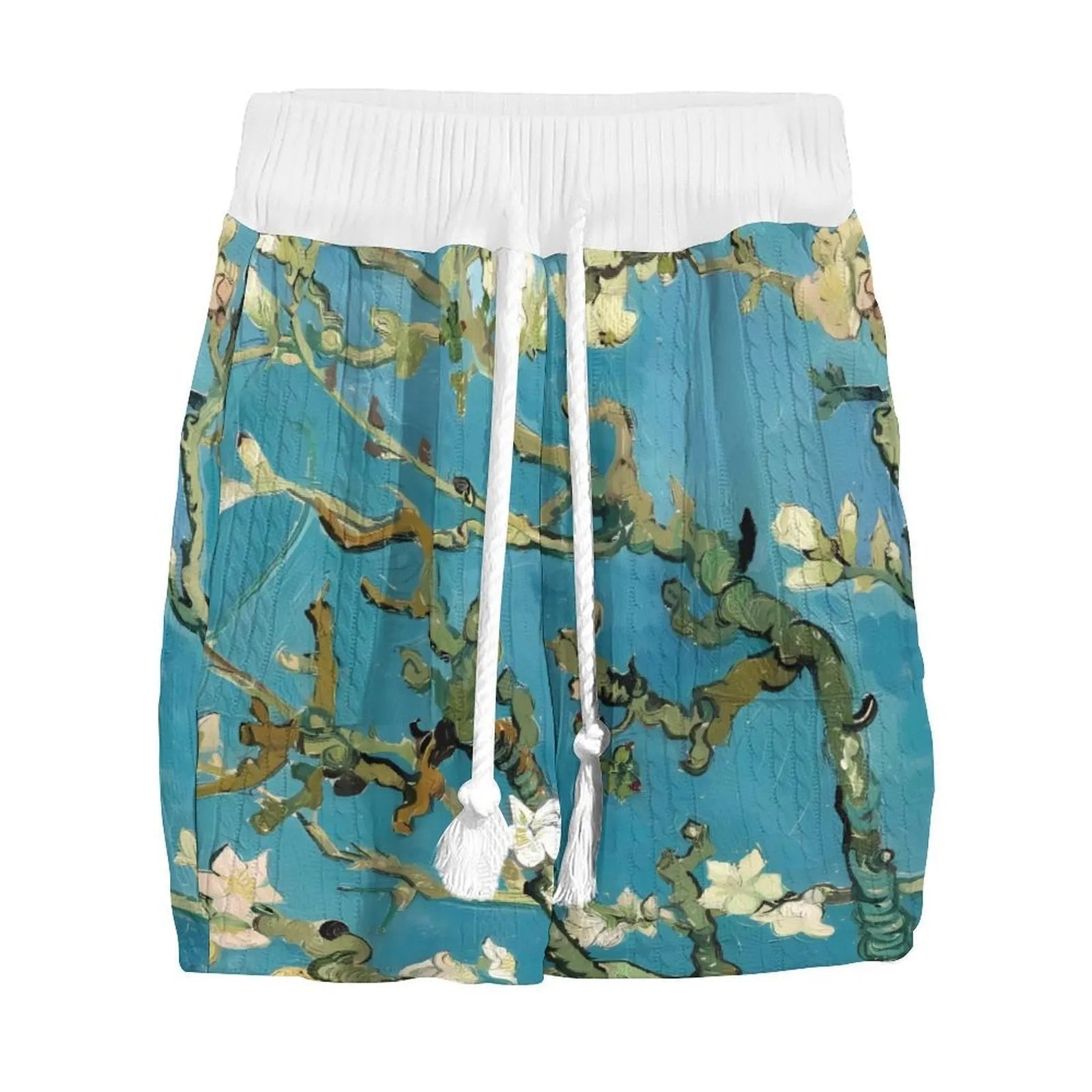Men's peacock blue 3D printed knitted shorts suit with matching top and mid-length trousers