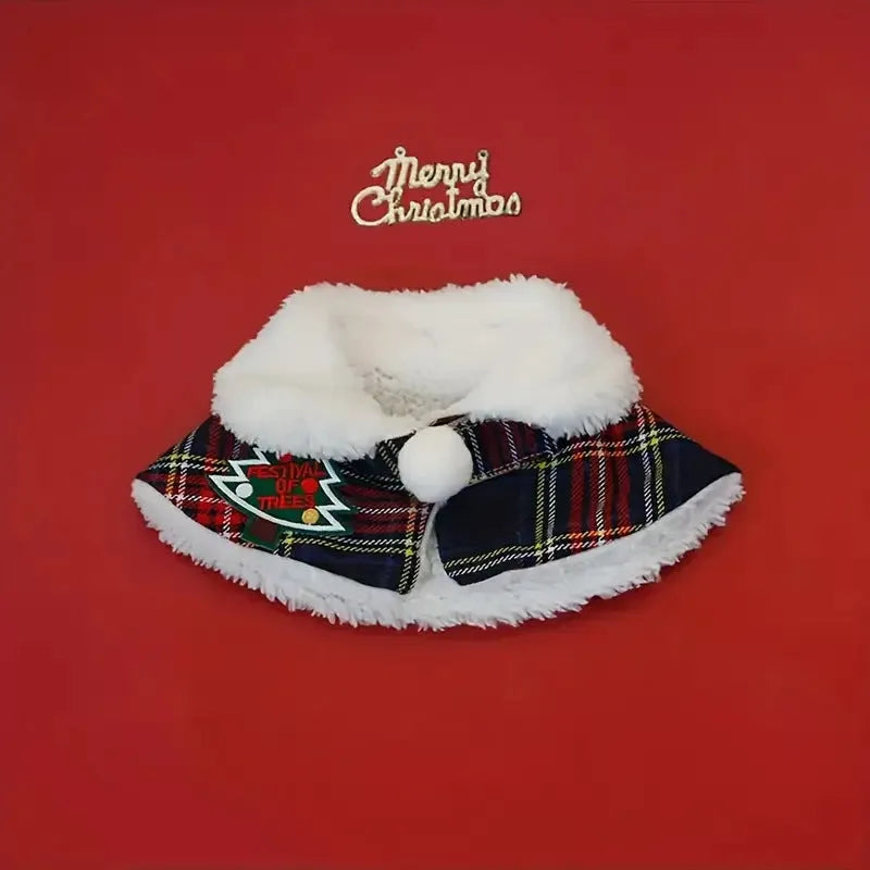 Red pet Christmas scarf with a jingle bell on a dog, showing the polyester fabric and festive design.
