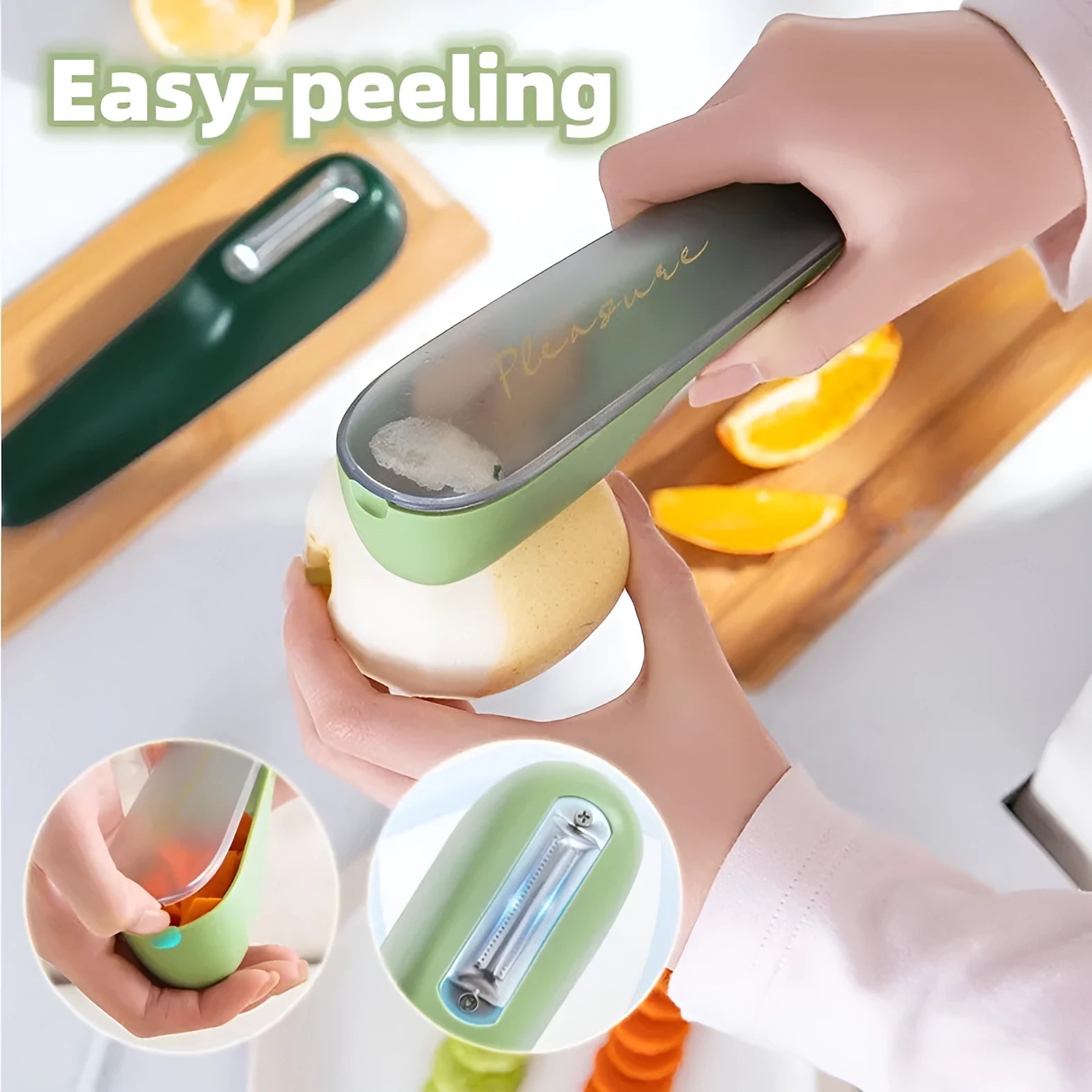 Dark green vegetable peeler with stainless steel blade and plastic storage tube
