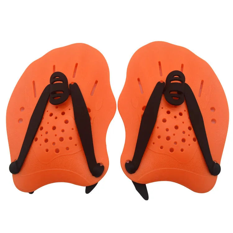 A pair of webbed swimming training hand paddles for freestyle stroke, shown in multiple colour options including dark blue with yellow.