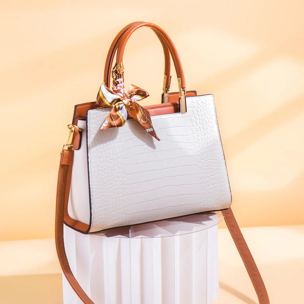 Milky white women's large square shoulder handbag made of PU with visible stitching and an external slit pocket.