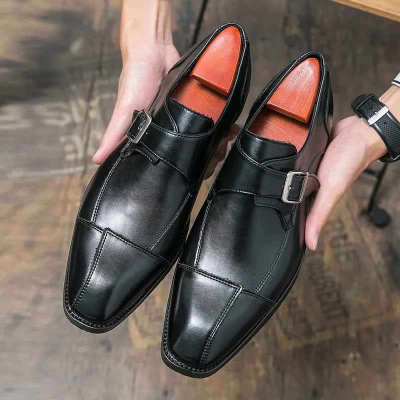 Men's brown blue and black retro buckle casual leather shoes with tall crown