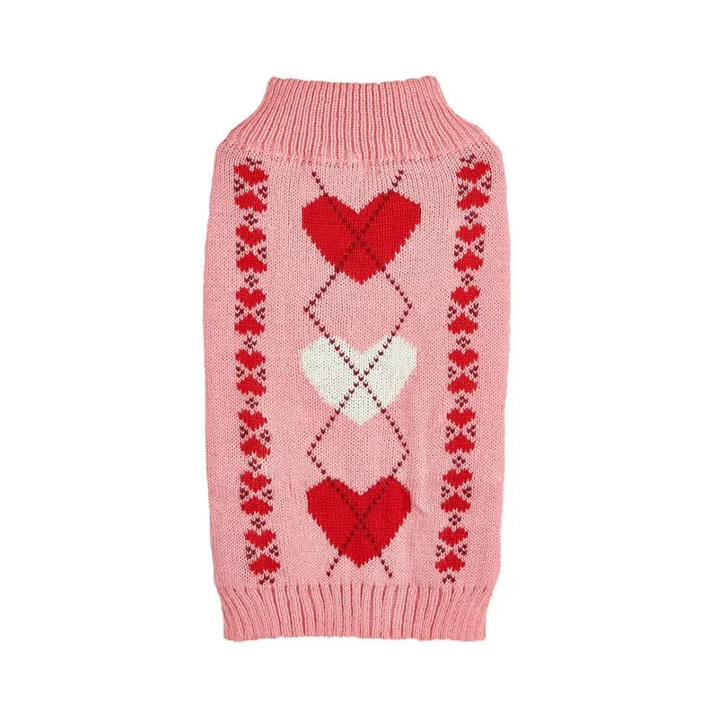 Red love heart motif dog sweater on small dog with bow decoration