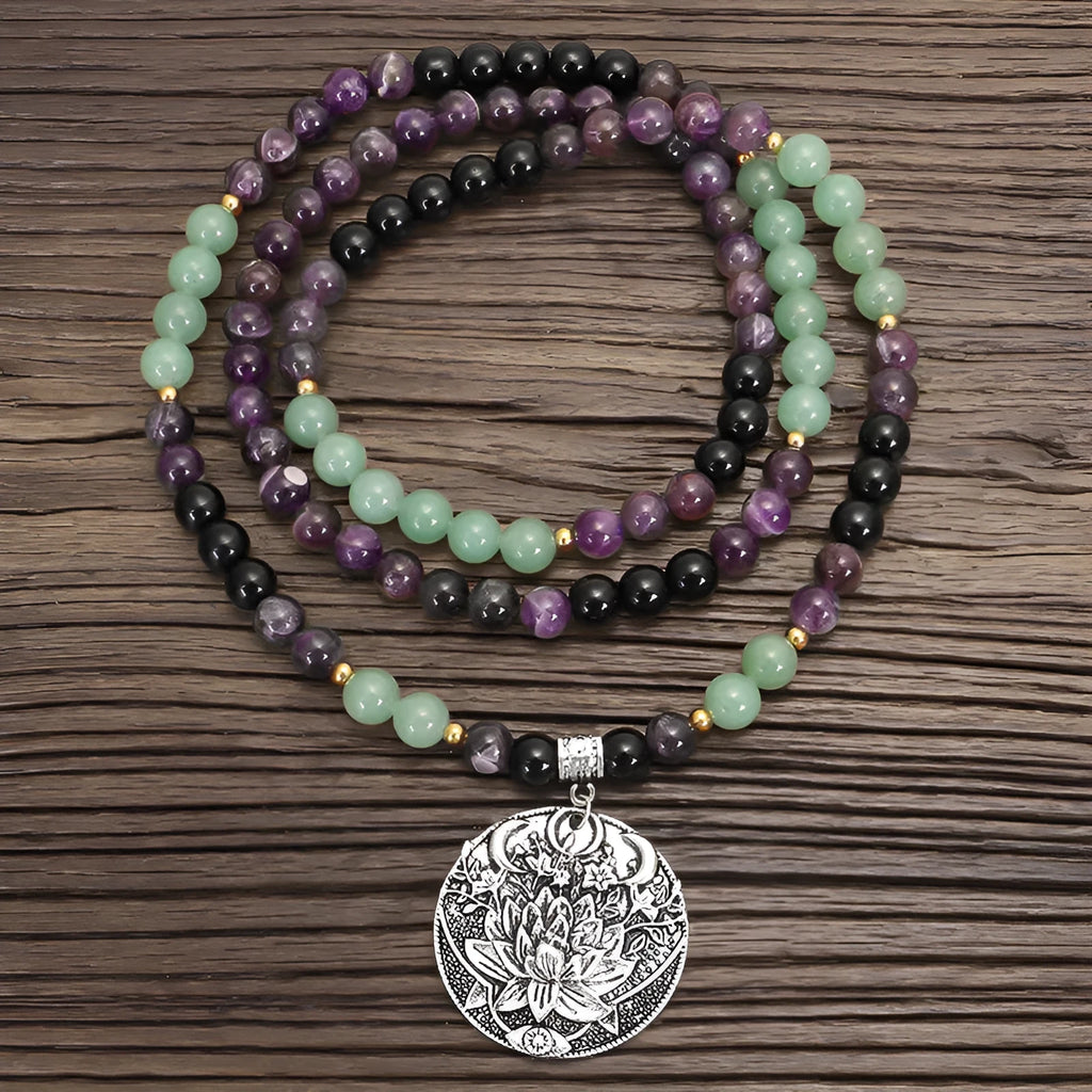 Yoga lotus pendant necklace and matching bracelet set with stone beads and adjustable length