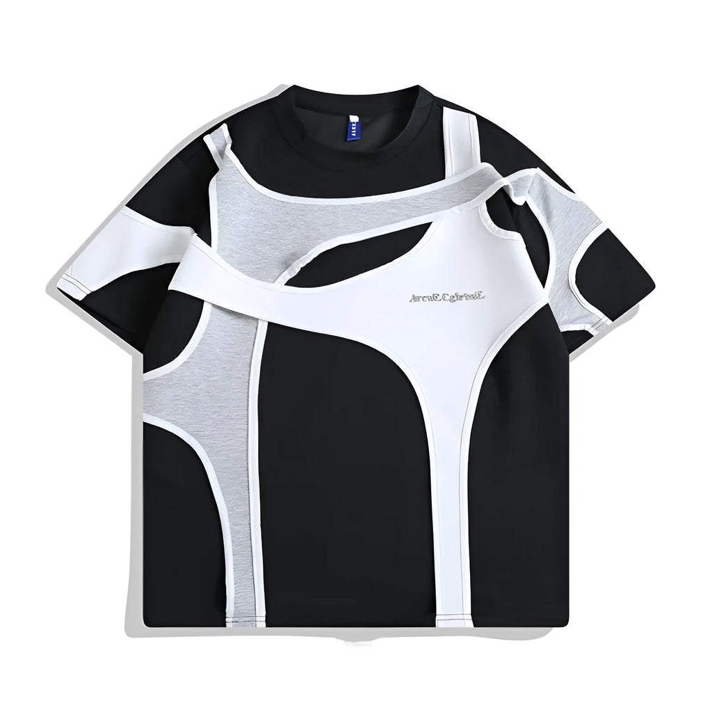 Men's black loose-fit T-shirt showing padded shoulder detail with double-layer stitching construction