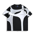 Men's black loose-fit T-shirt showing padded shoulder detail with double-layer stitching construction