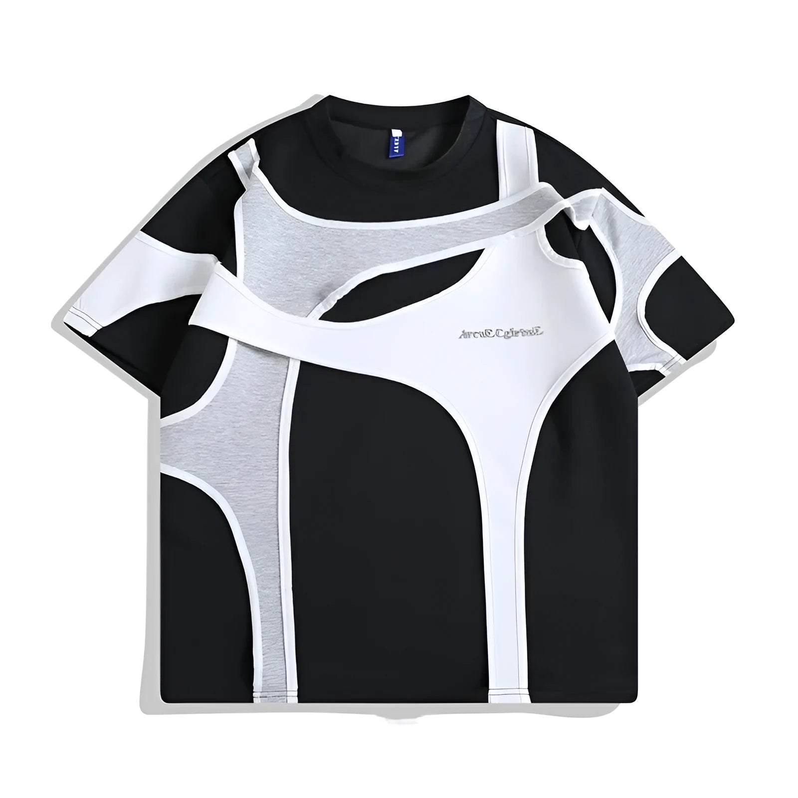 Men's black loose-fit T-shirt showing padded shoulder detail with double-layer stitching construction