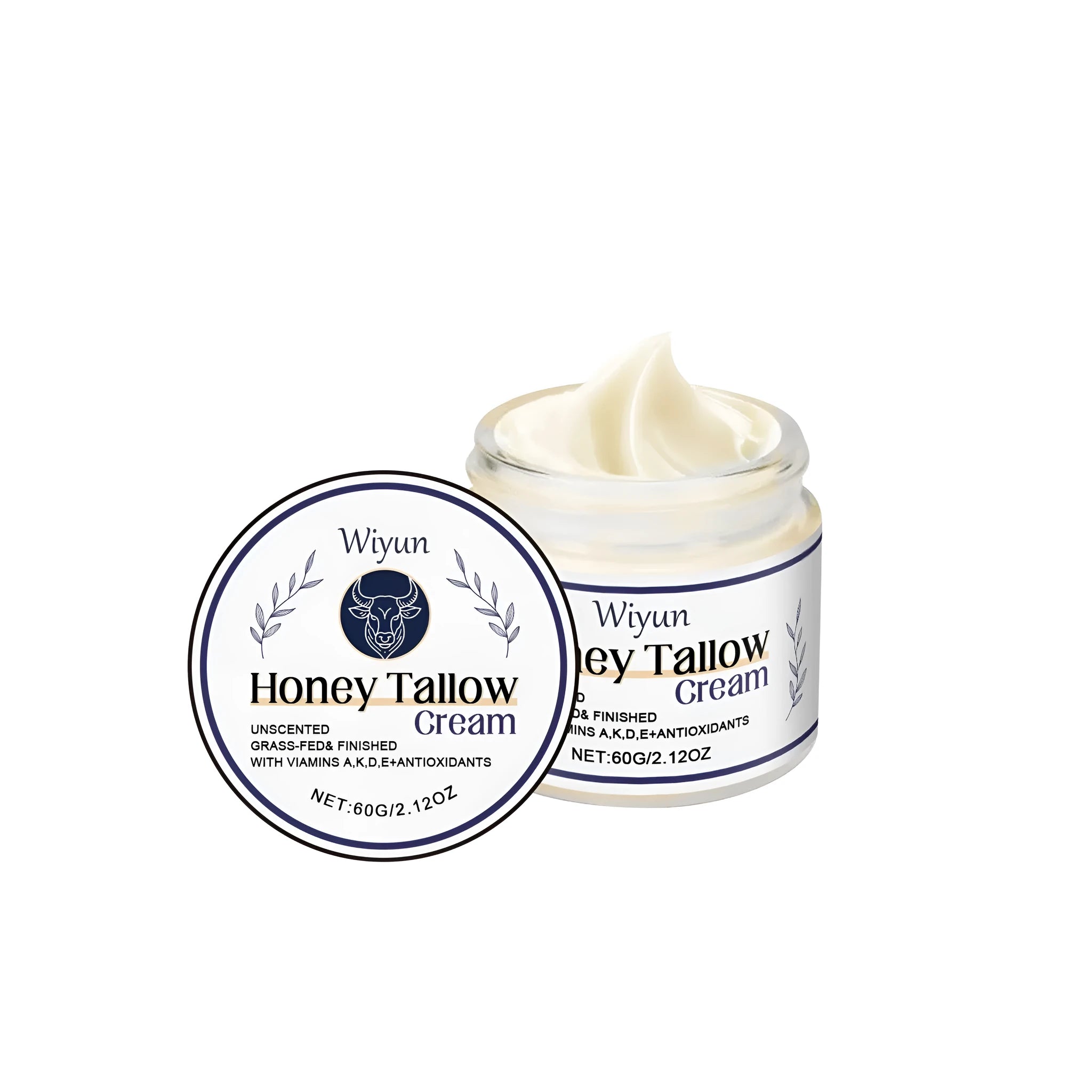 Jar of Cow Fat Moisturising Cream 60g with ingredients list showing tallow honey glycerin vitamins