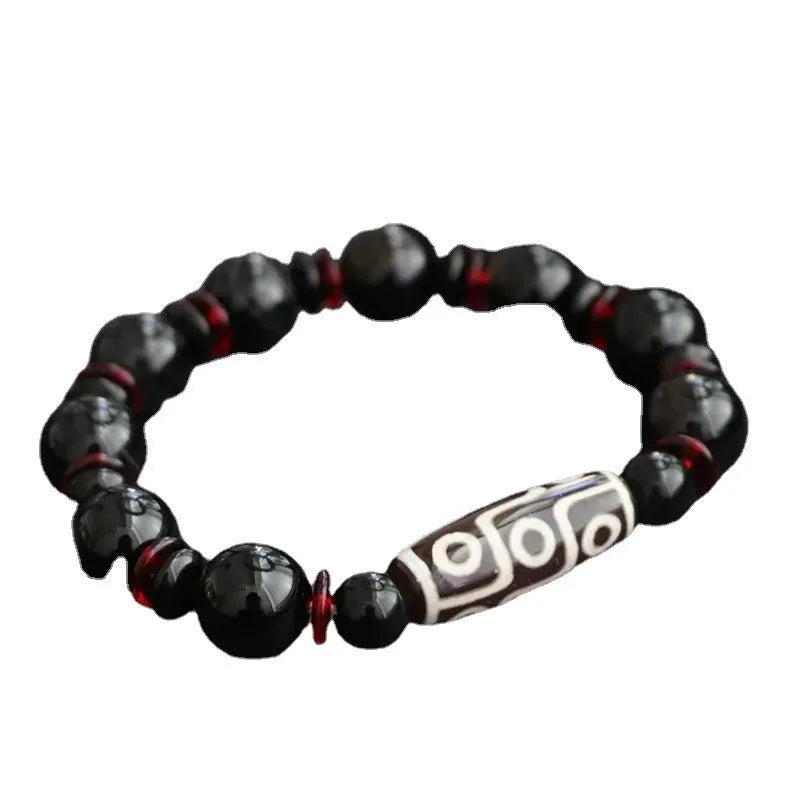 Black agate Dzi bead bracelet with 11mm geometry-shaped stones and hand-woven construction