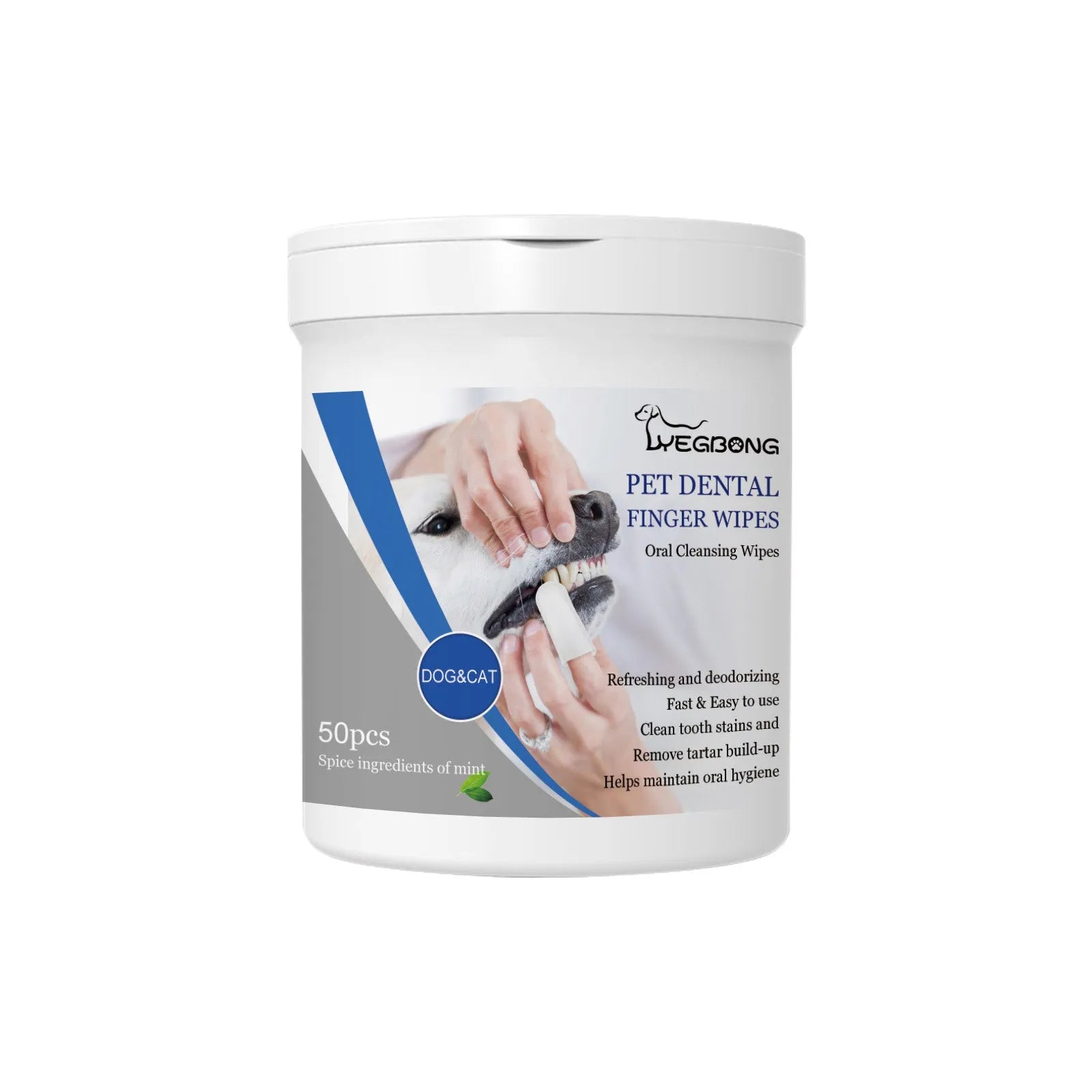 Dog dental care finger wipes with silicone finger stall, 50 pieces in canister