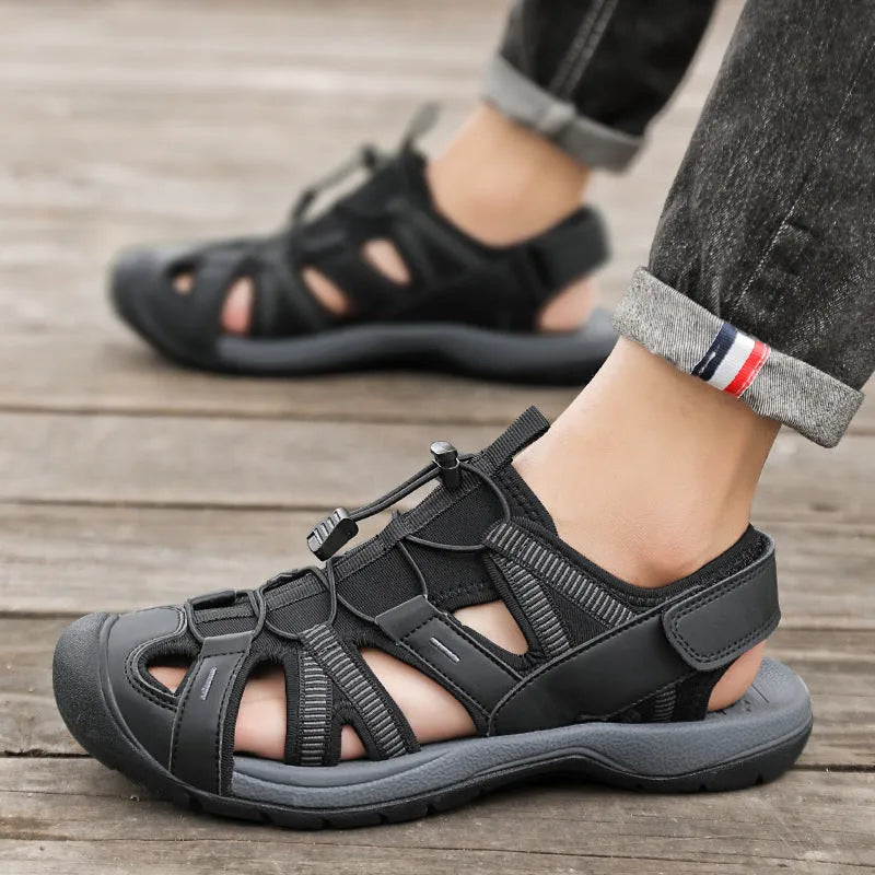 Men's blue casual sports shoe with Velcro straps, mesh upper, and rubber sole.