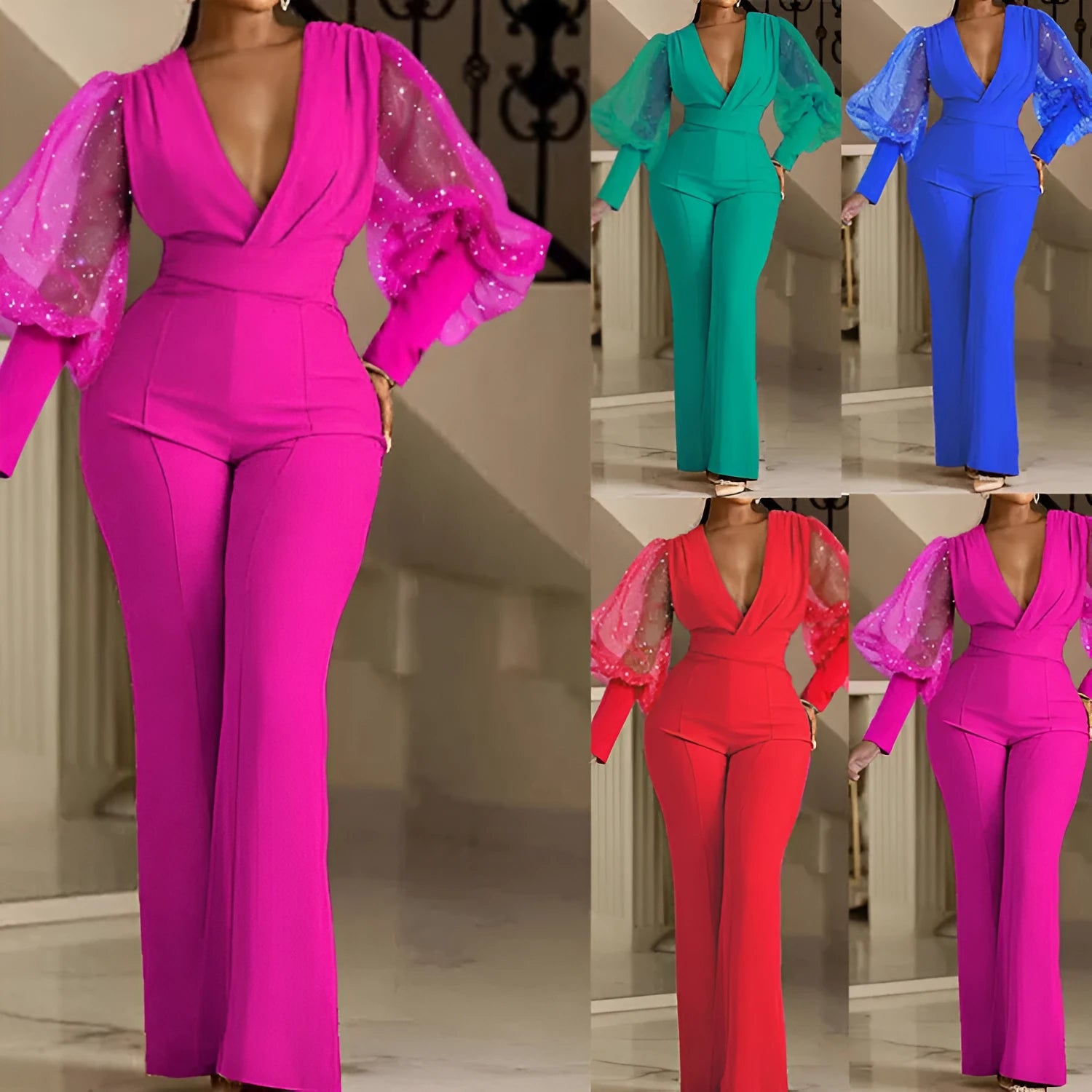 A woman wearing a red wide-leg jumpsuit with long sleeves and an elasticated waist.