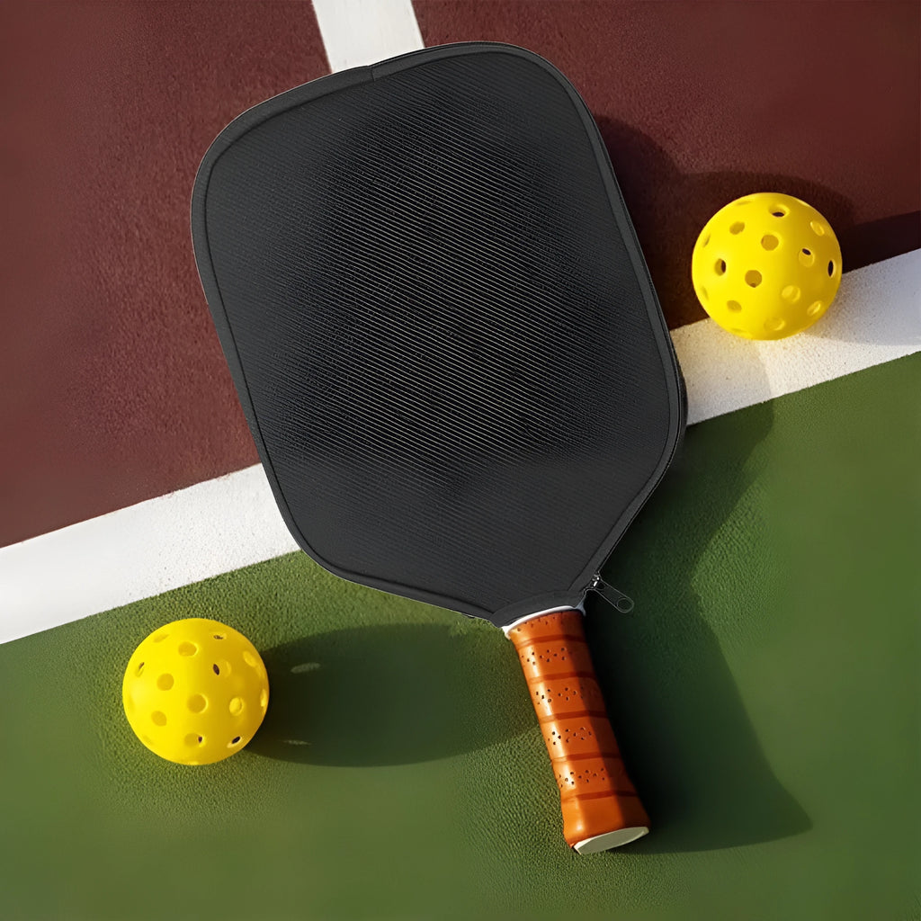 Black neoprene protective sleeve for table tennis racket on a table tennis table