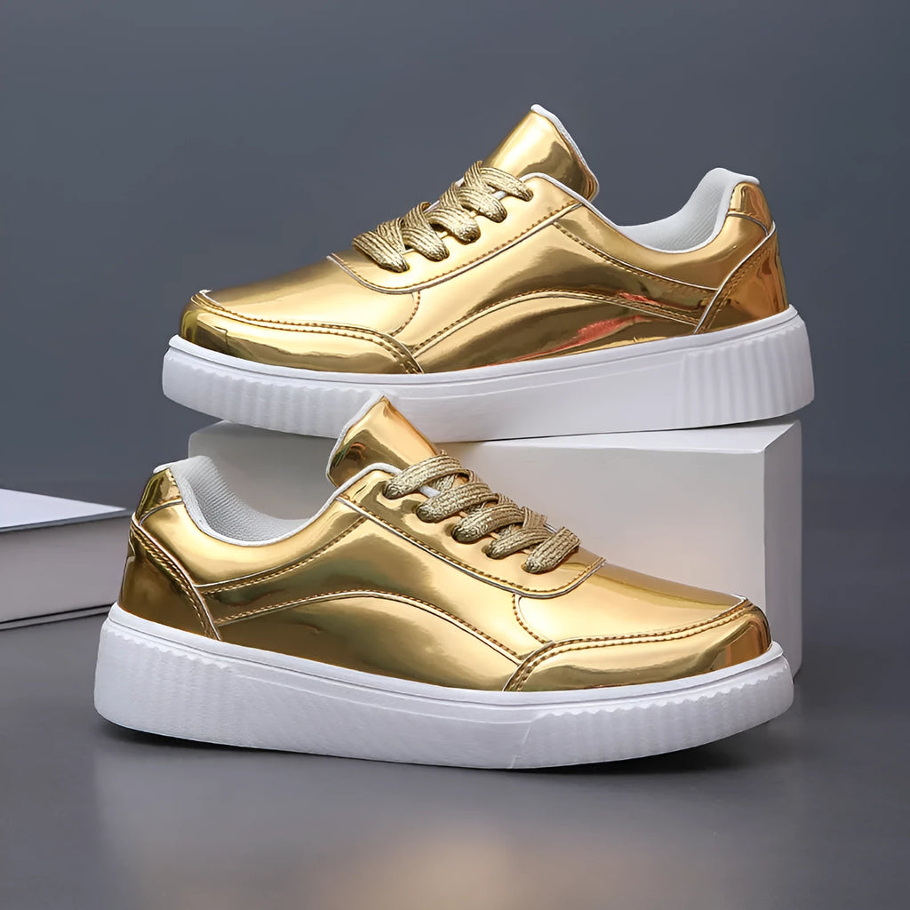Rose gold and gold sequin platform sneakers with thick soles and round toe design