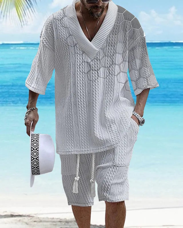 Men's knitted drop-shoulder short-sleeved top and matching shorts set in a printed design