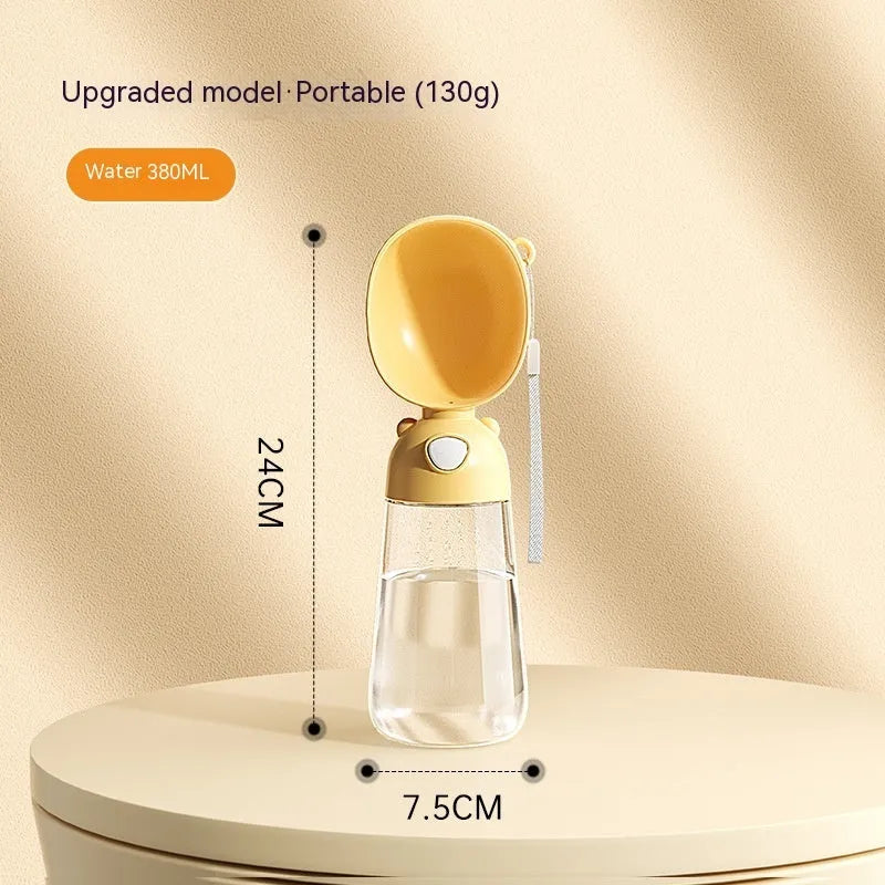 Portable dog water bottle with attached feeding bowl in yellow, pink and brown colour options