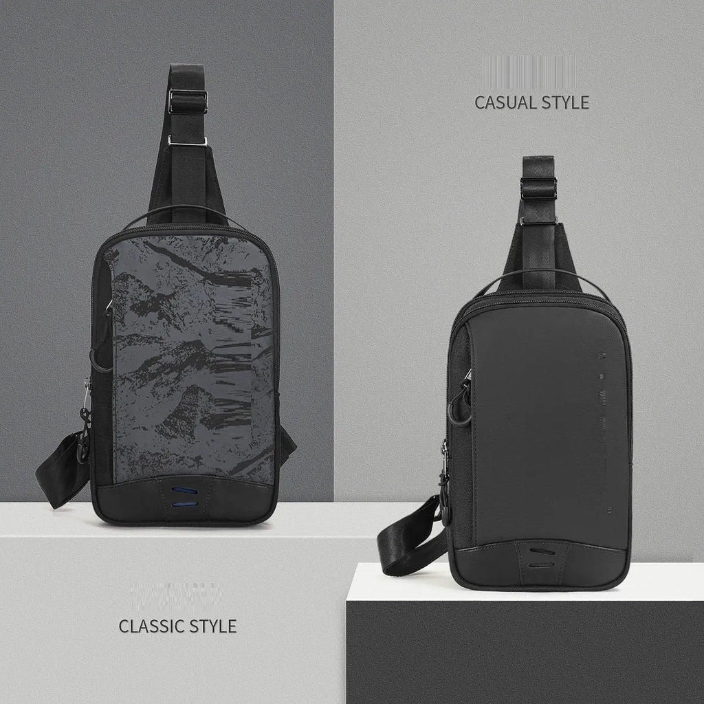 Casual black camouflage pattern insulated chest bag with a single strap and waterproof TPU exterior.