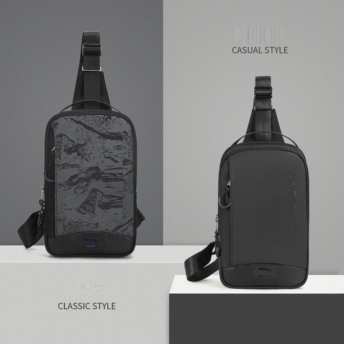 Casual black camouflage pattern insulated chest bag with a single strap and waterproof TPU exterior.