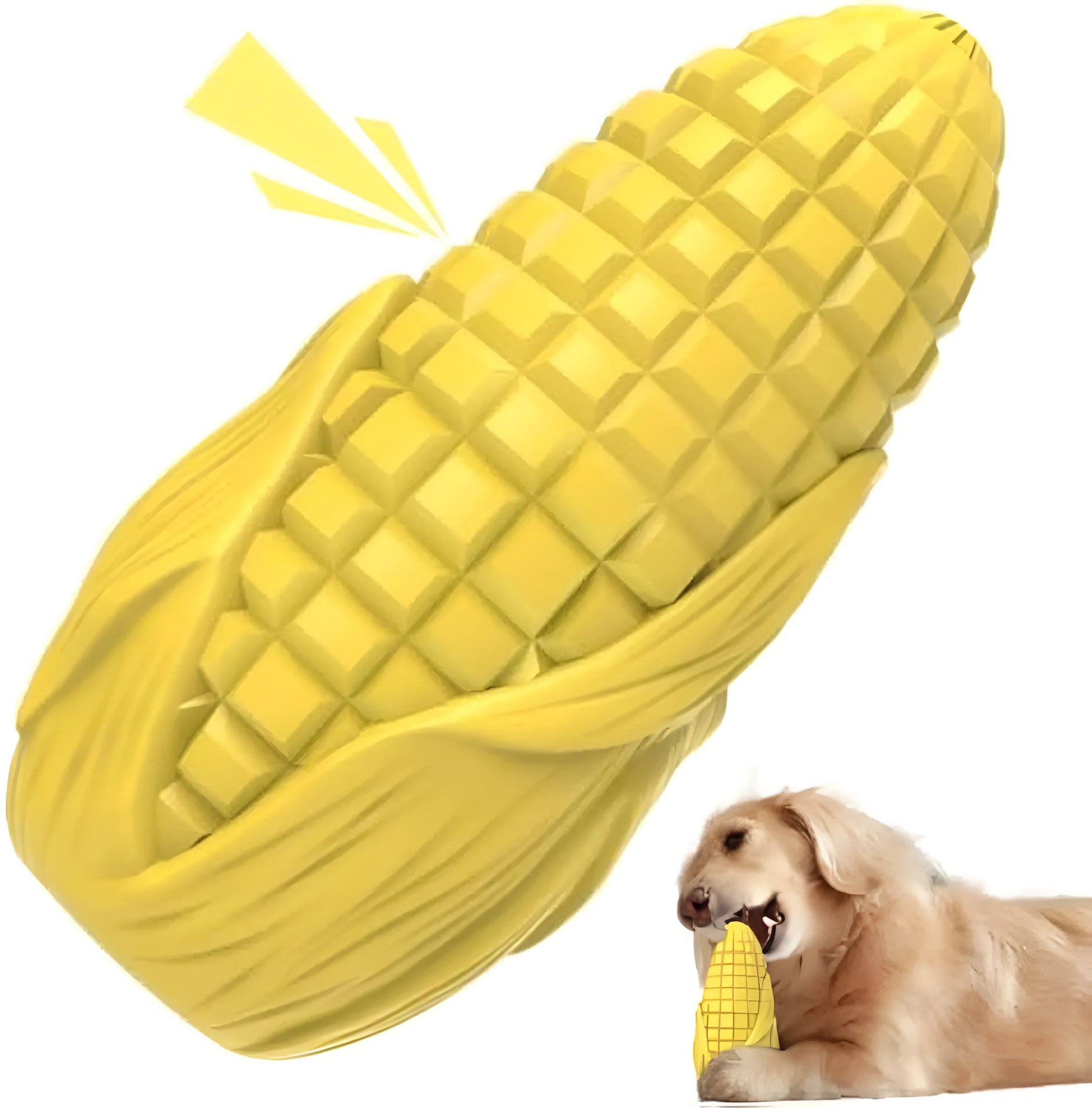 Blue and yellow corn-shaped durable dog chew toy with textured grooves for dental care.