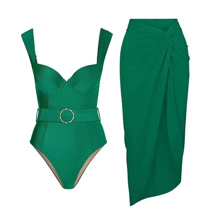 Women's one-piece swimsuit with gauze skirt in double shoulder and oblique shoulder styles.