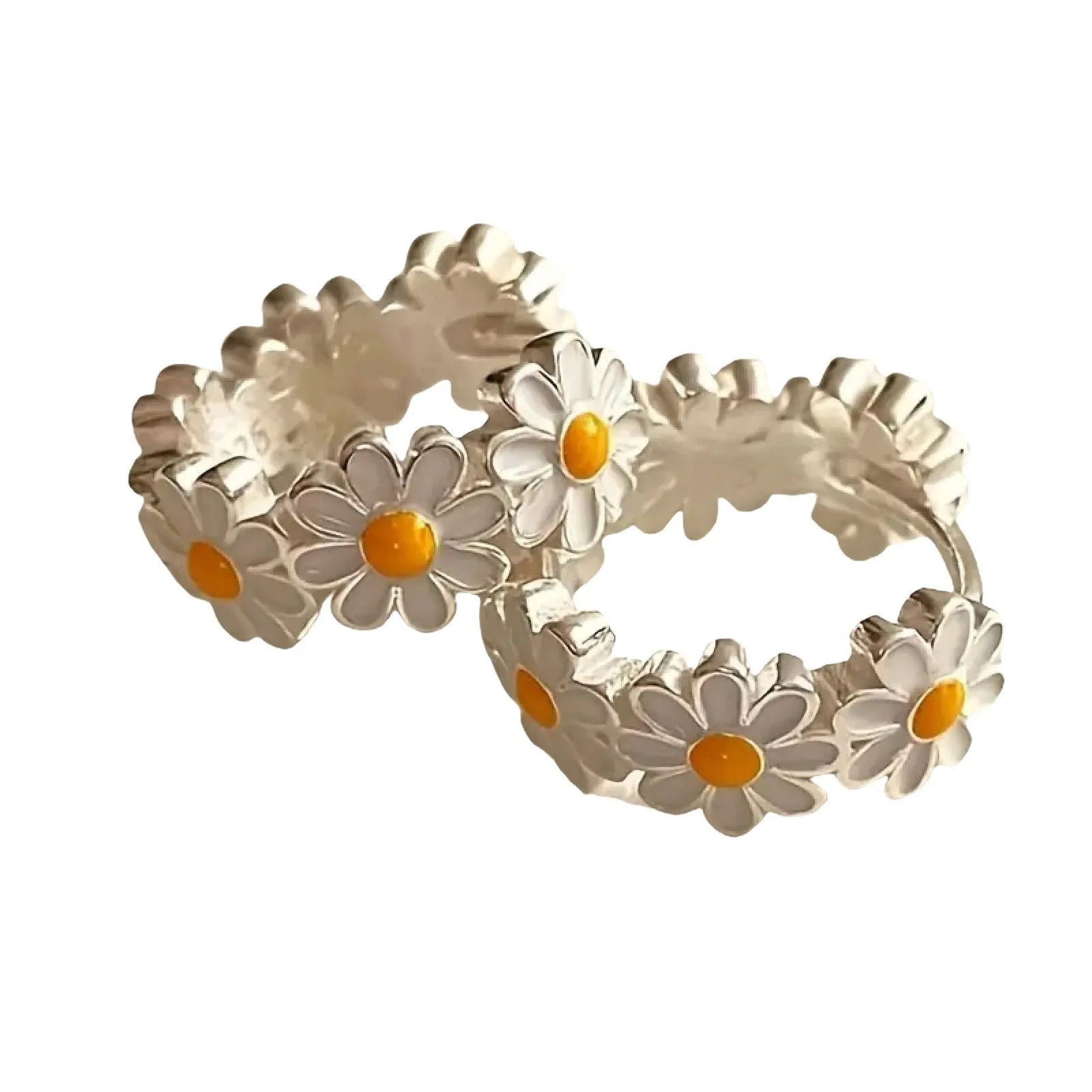 White daisy flower design ring earrings made from copper with an electroplated finish.