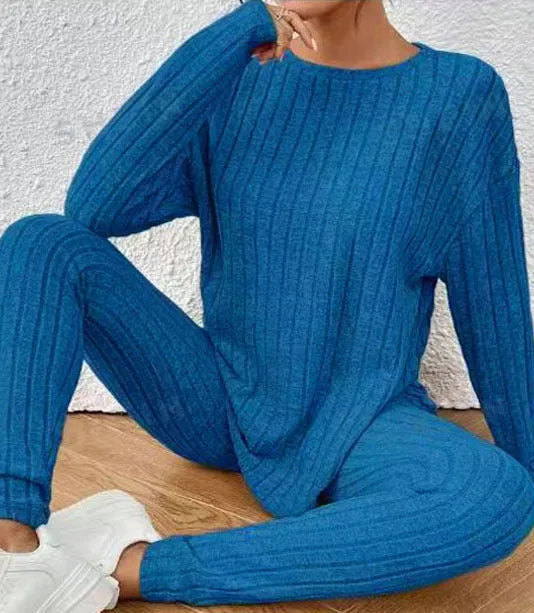 Sunken stripe fashion casual polyester two-piece homewear set in black or blue colours