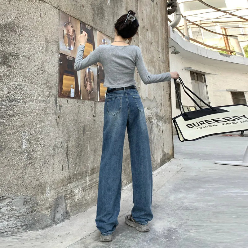 Women's retro blue straight leg jeans with high waist and non-stretch cotton denim fabric in three length variations