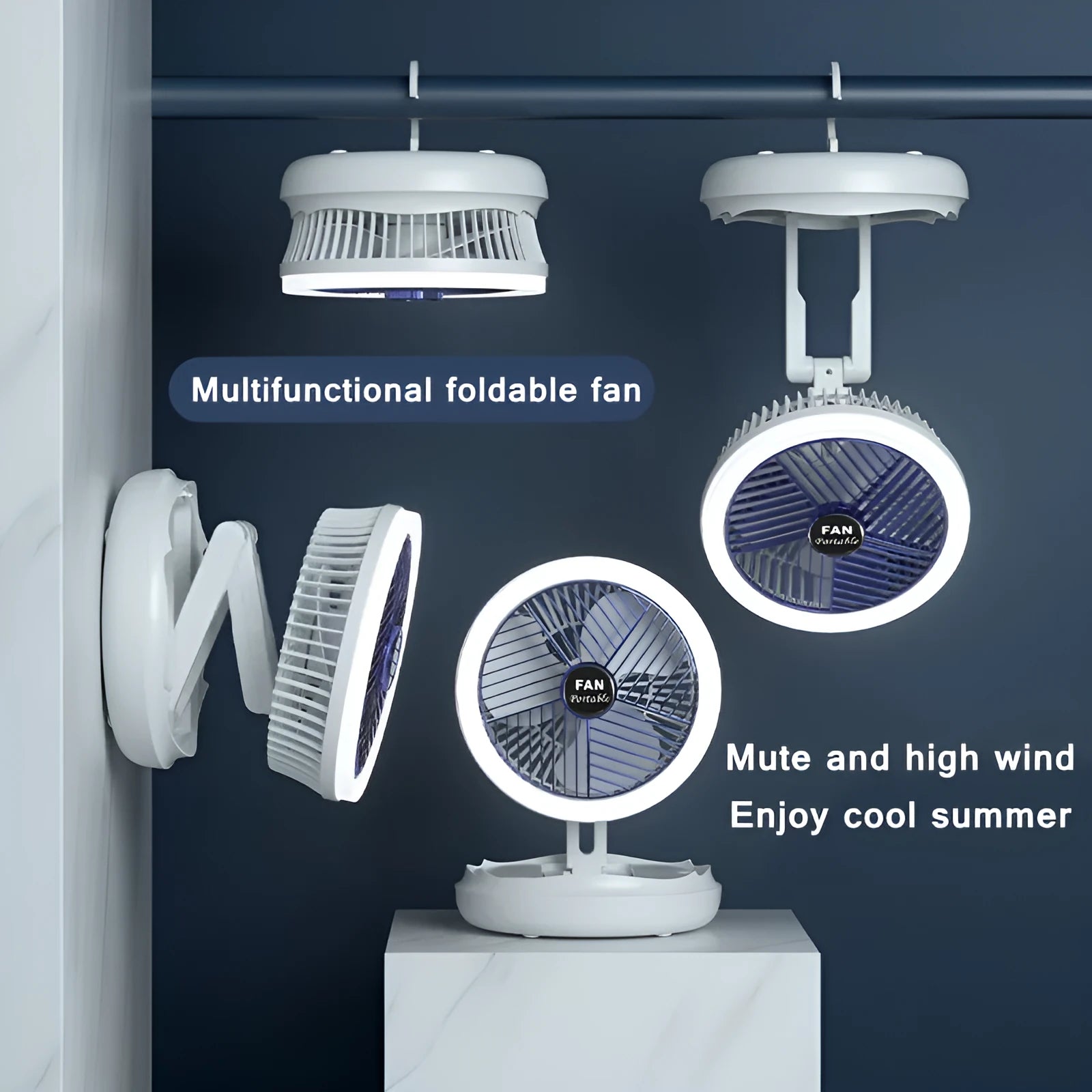 Blue foldable USB desk fan with LED light shown in wall-mounted and desk positions