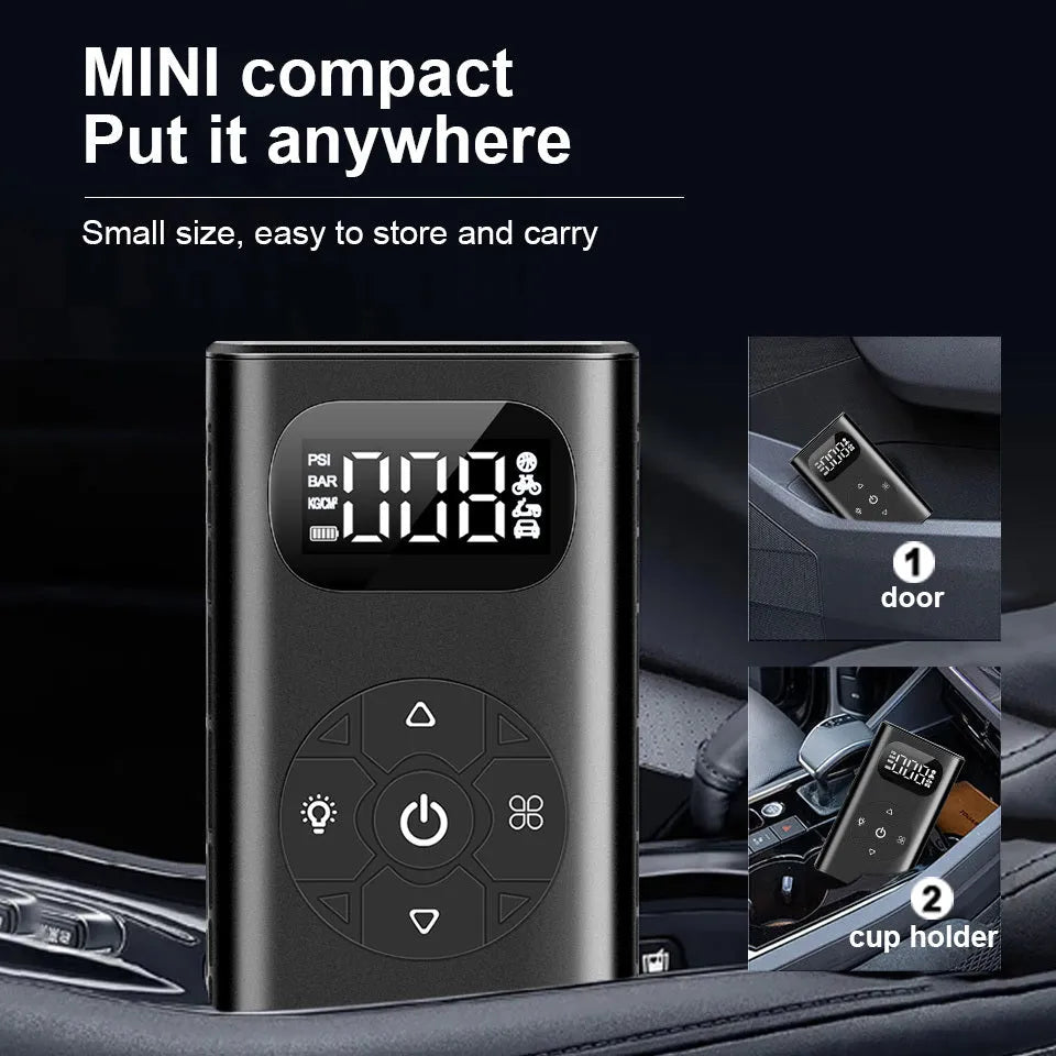 Black portable electric air compressor power bank with USB cable for tyre inflation