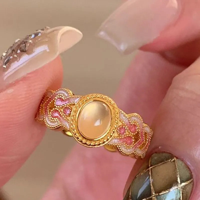 Women's copper opening ring with pink crystal enamel geometric design gold plated jewellery