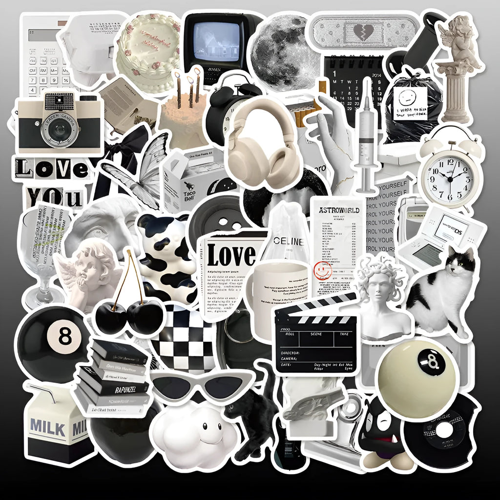 61-piece black and white waterproof PVC sticker set for laptops, phones, and luggage.