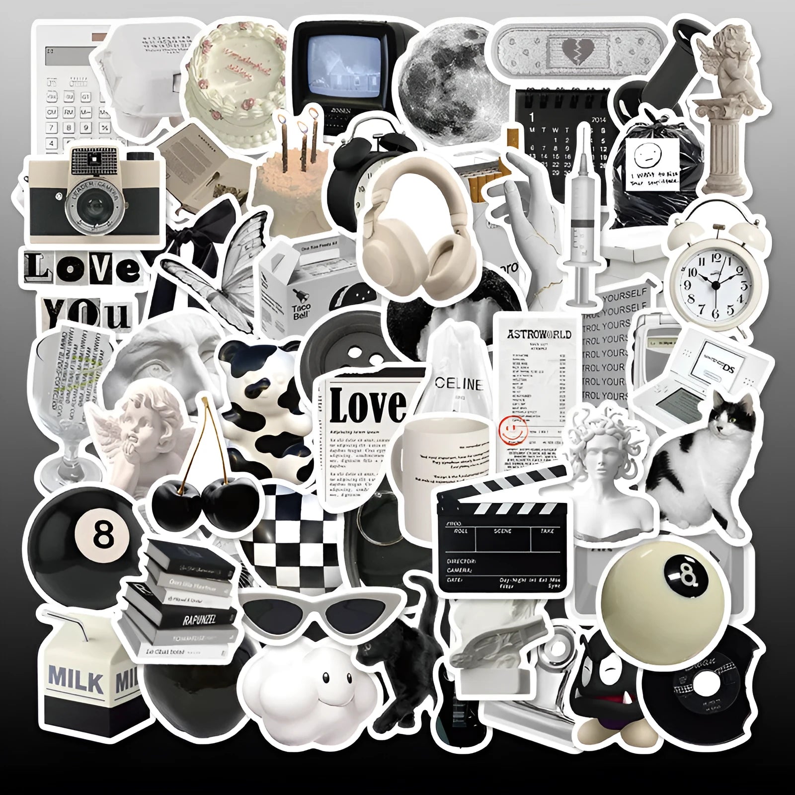 61-piece black and white waterproof PVC sticker set for laptops, phones, and luggage.