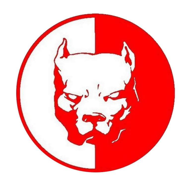Close-up of a black reflective car sticker with a white superhero bulldog design, measuring 12x12cm.