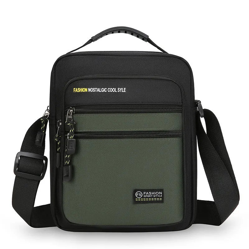 Men's nylon crossbody bag in green, black, dark blue, or grey colour with waterproof feature
