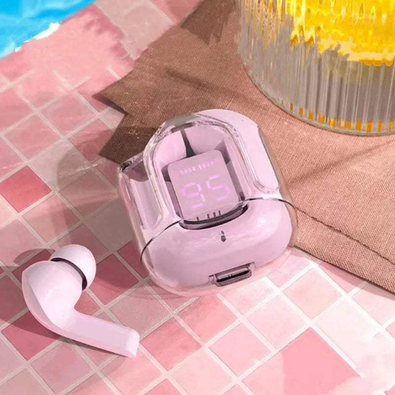 True wireless Bluetooth earphones with transparent space capsule charging case showing digital display screen