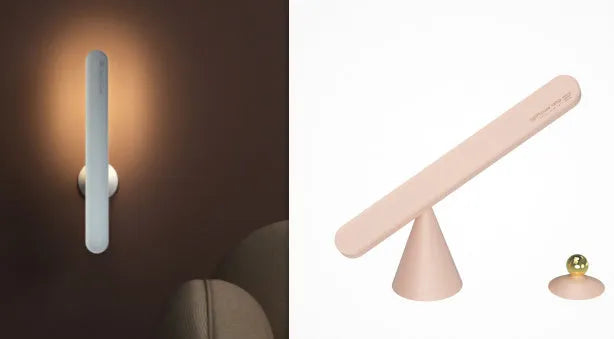 Geometric wireless table lamp with magnetic base in white colour showing touch controls