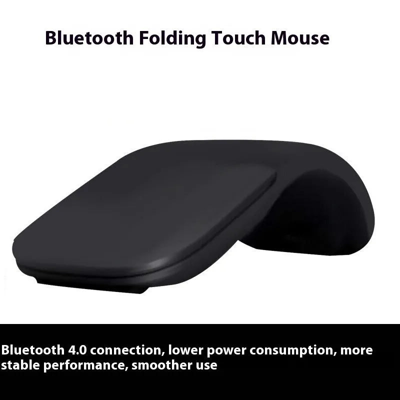Folded Bluetooth wireless mouse showing compact 131.2mm length with touch surface and multiple colour options