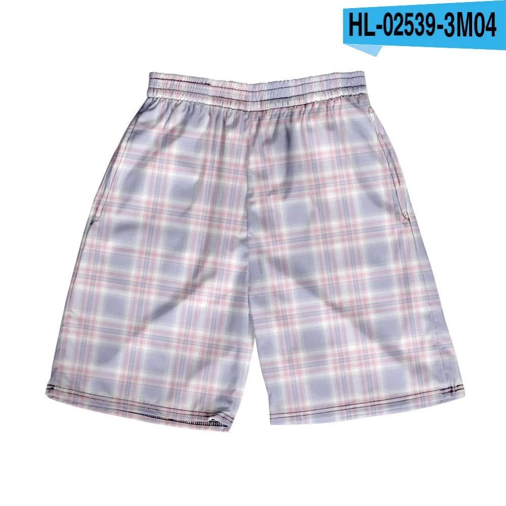 Men's polyester plaid shorts with elastic waistband in straight cut for casual wear