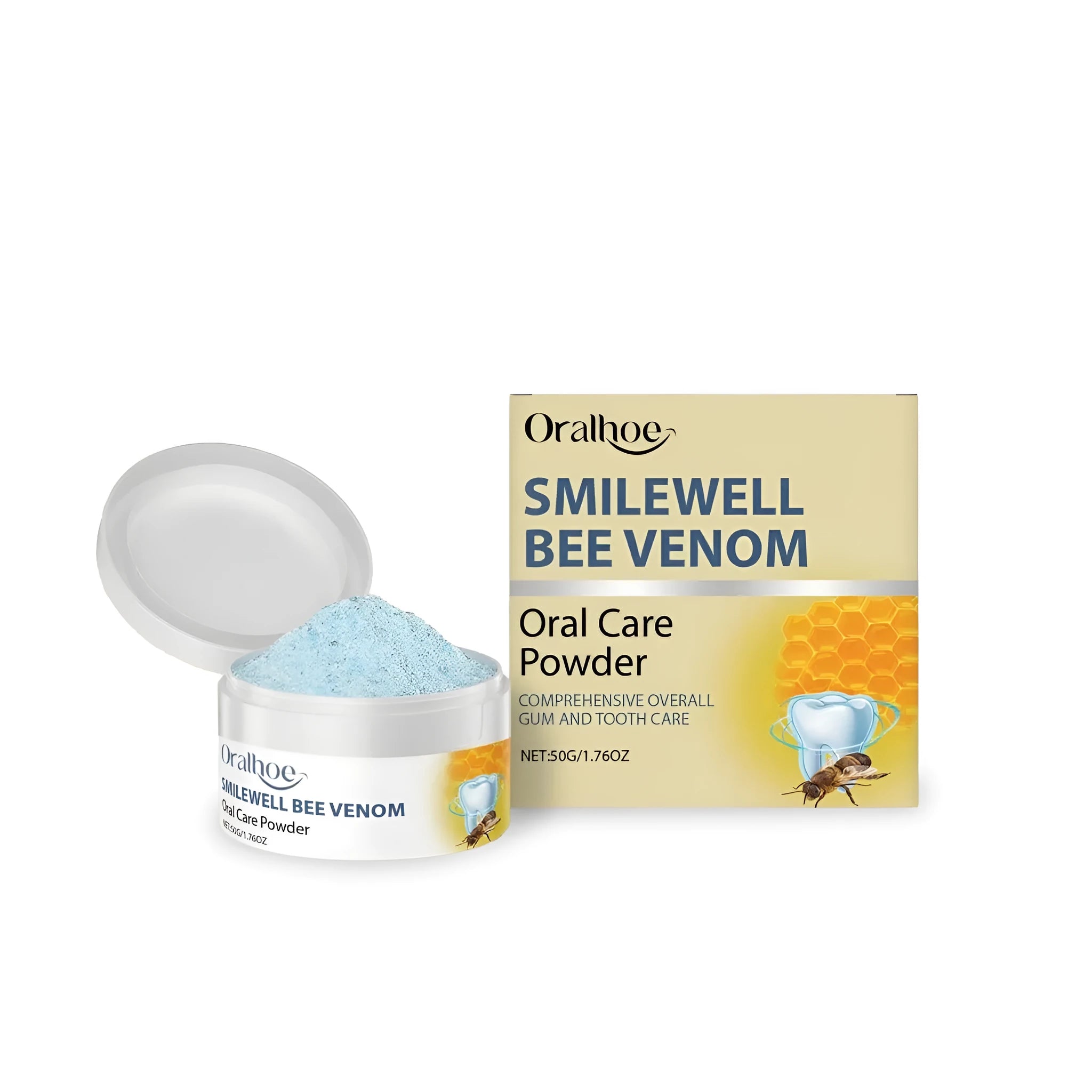50g container of mint bee venom tooth powder with sodium bicarbonate and corn starch formulation