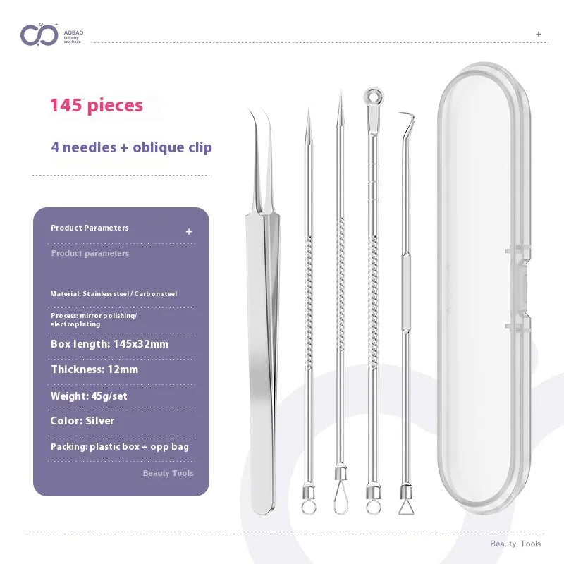 Four silver metal acne needles with pointed tips laid out on a flat surface.