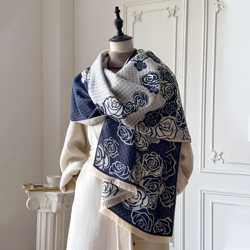 Long grey imitation cashmere scarf with tassels laid flat to show 185cm length.