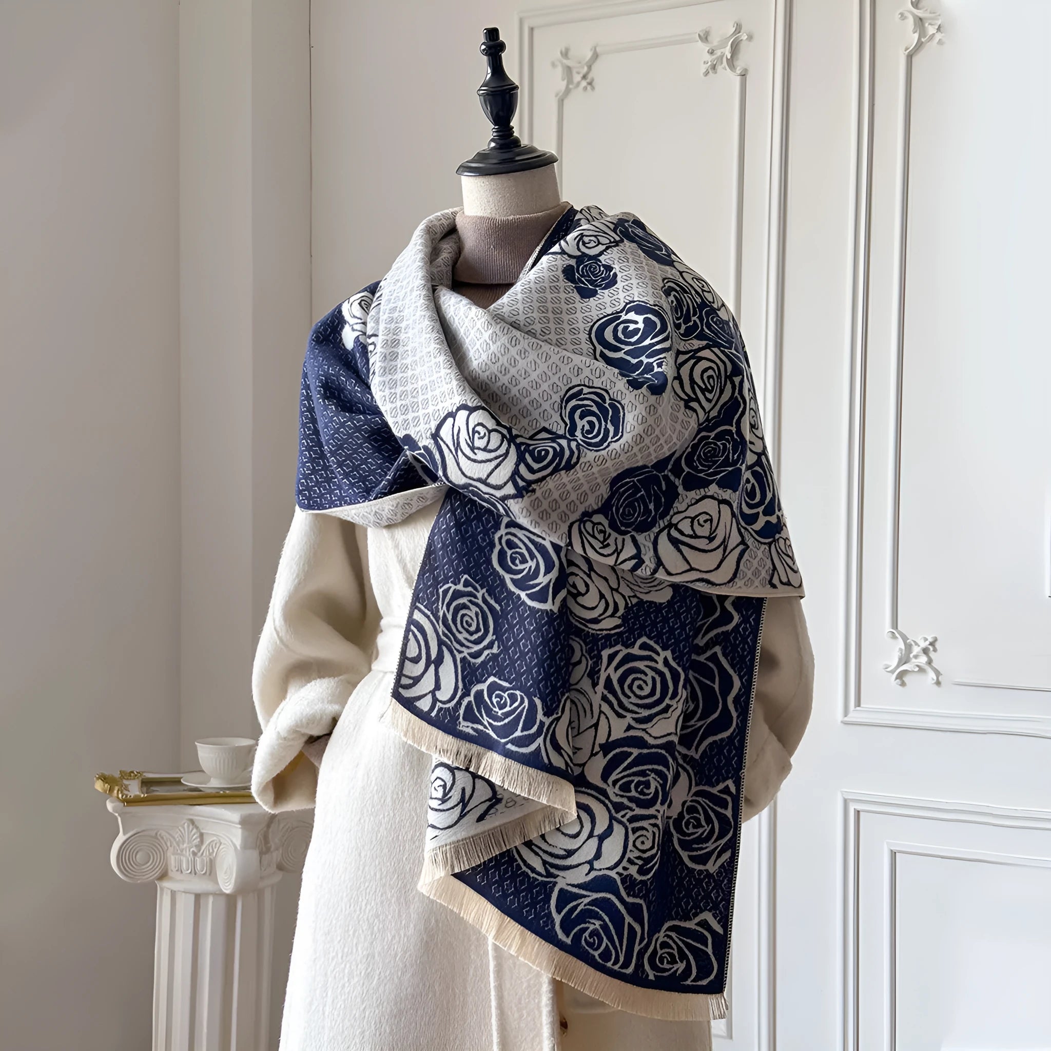 Long grey imitation cashmere scarf with tassels laid flat to show 185cm length.