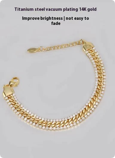 Gold tennis bracelet with titanium steel construction and artificial gemstone inlay for men and women